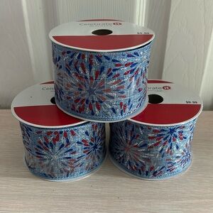 CELEBRATE IT RED WHITE& BLUE LINEN GLITTER FIREWORKS RIBBON LOT OF 3 NWT